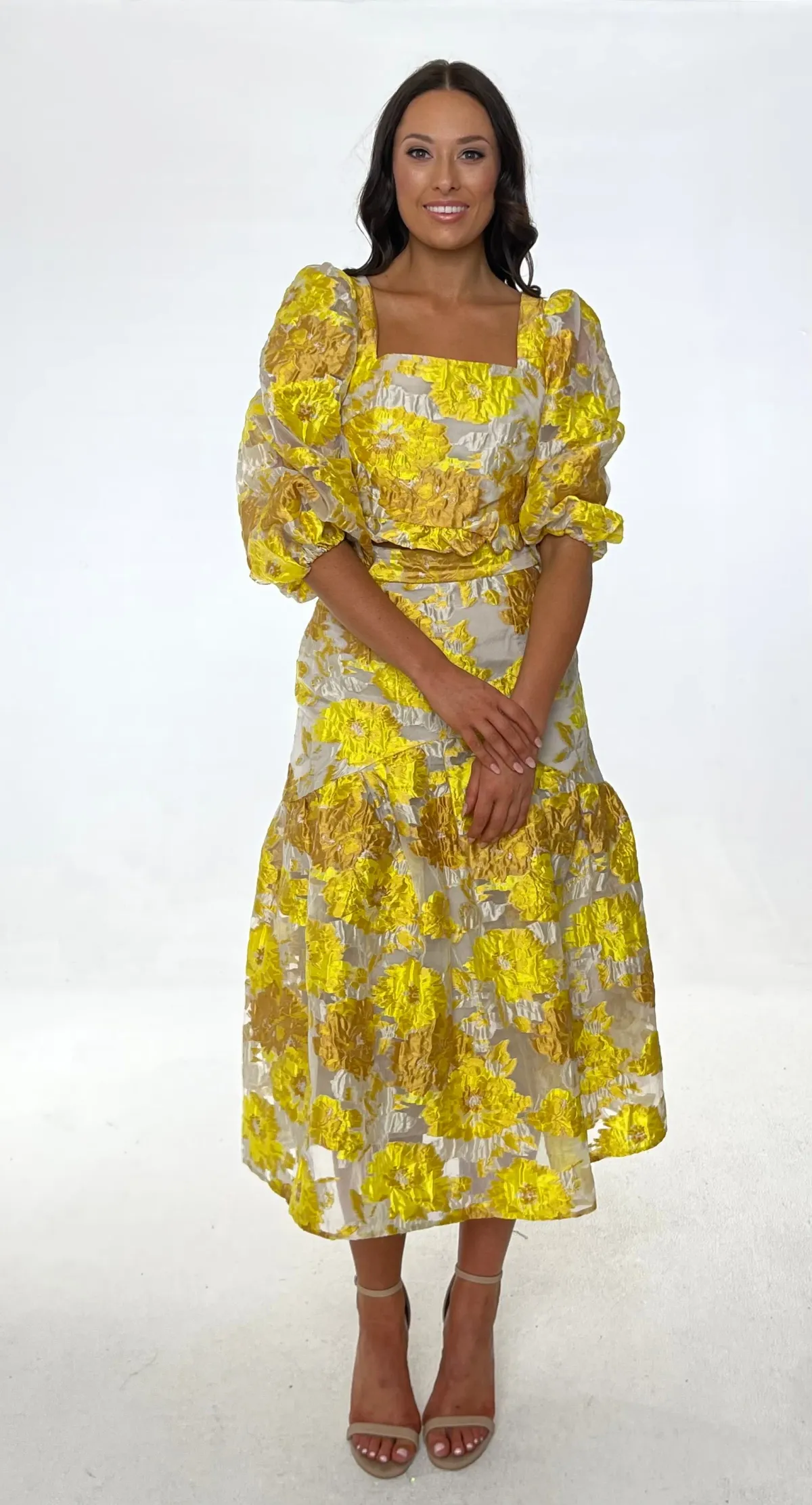 Elliatt Prowess Cropped Ruffle Top and High Rise Skirt Set Yellow Size 6 - Image 2