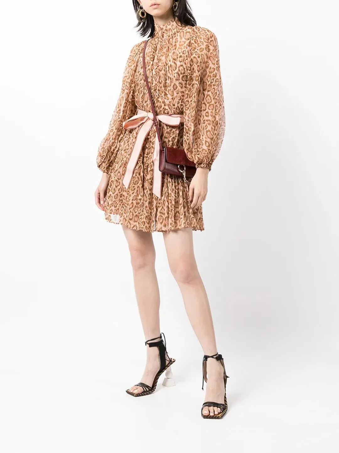 Zimmermann Tempo Bell Sleeve Mini Dress Pink Leopard Print Size 0 / AU 8 for rent on The Volte - main image