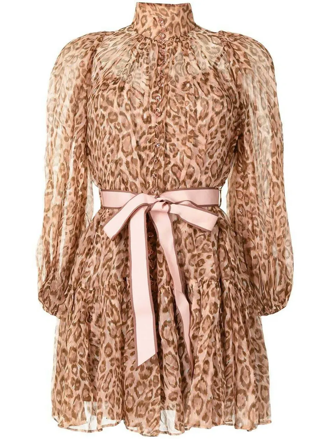 Zimmermann Tempo Bell Sleeve Mini Dress Pink Leopard Print Size 0 / AU 8 for rent on The Volte - main image