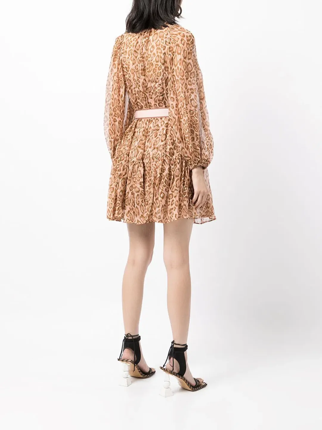 Zimmermann Tempo Bell Sleeve Mini Dress Pink Leopard Print Size 0 / AU 8 for rent on The Volte - main image