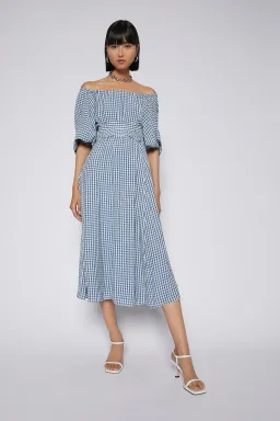 Scanlan Theodore Gingham Gathered Dress Blue Size 8 for rent on The Volte - image 1