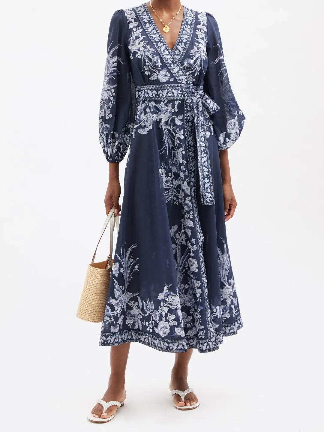 Zimmermann Aliane Floral Cotton Wrap Midi Dress Navy Size 14 for rent on The Volte - main image