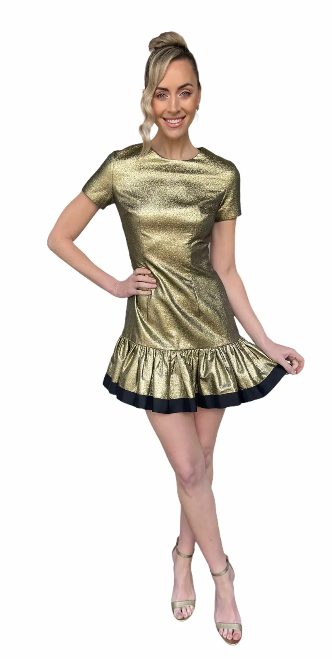 By Johnny Yarn Frill Mini Dress Gold Size 8 for rent on The Volte - main image