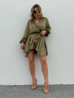 Zimmermann Long Sleeve Sueded Silk Wrap Robe Dress Olive Green Size 0 / AU 8 for rent on The Volte - image 2
