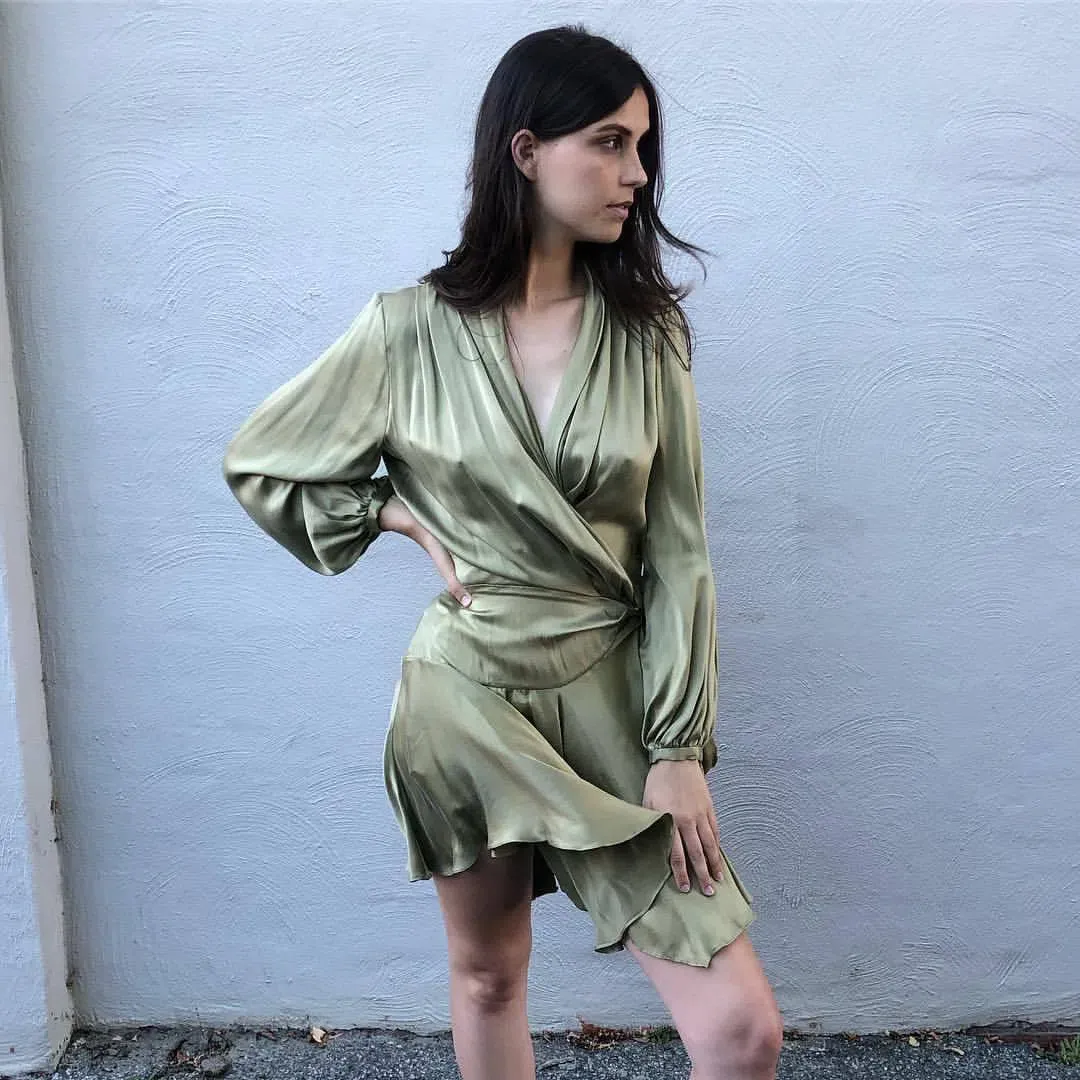 Zimmermann Long Sleeve Sueded Silk Wrap Robe Dress Olive Green Size 0 / AU 8 for rent on The Volte - main image