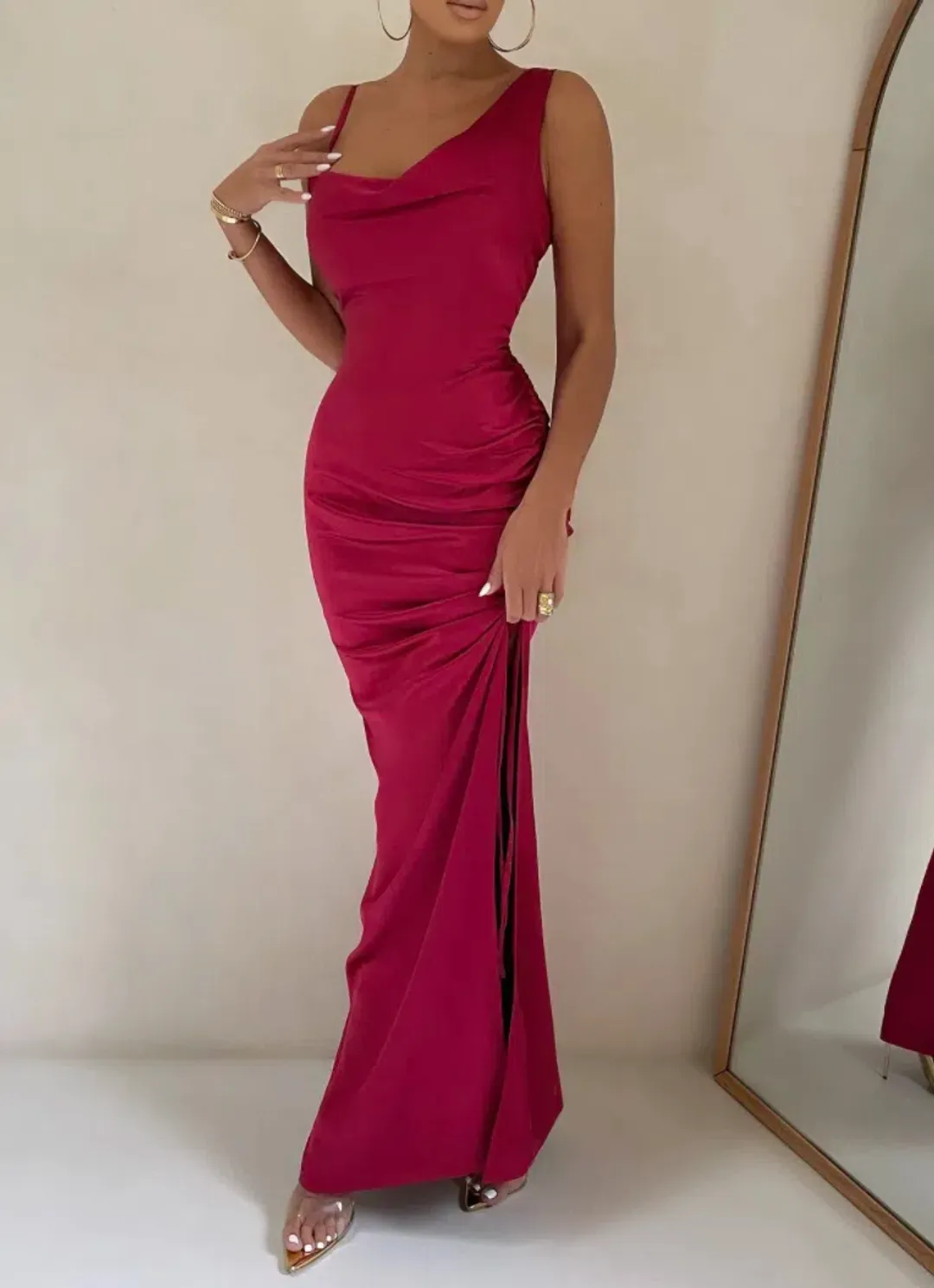 Club L London Belonging Berry Ruched Cowl Maxi Dress Red Size 10 for rent on The Volte - main image