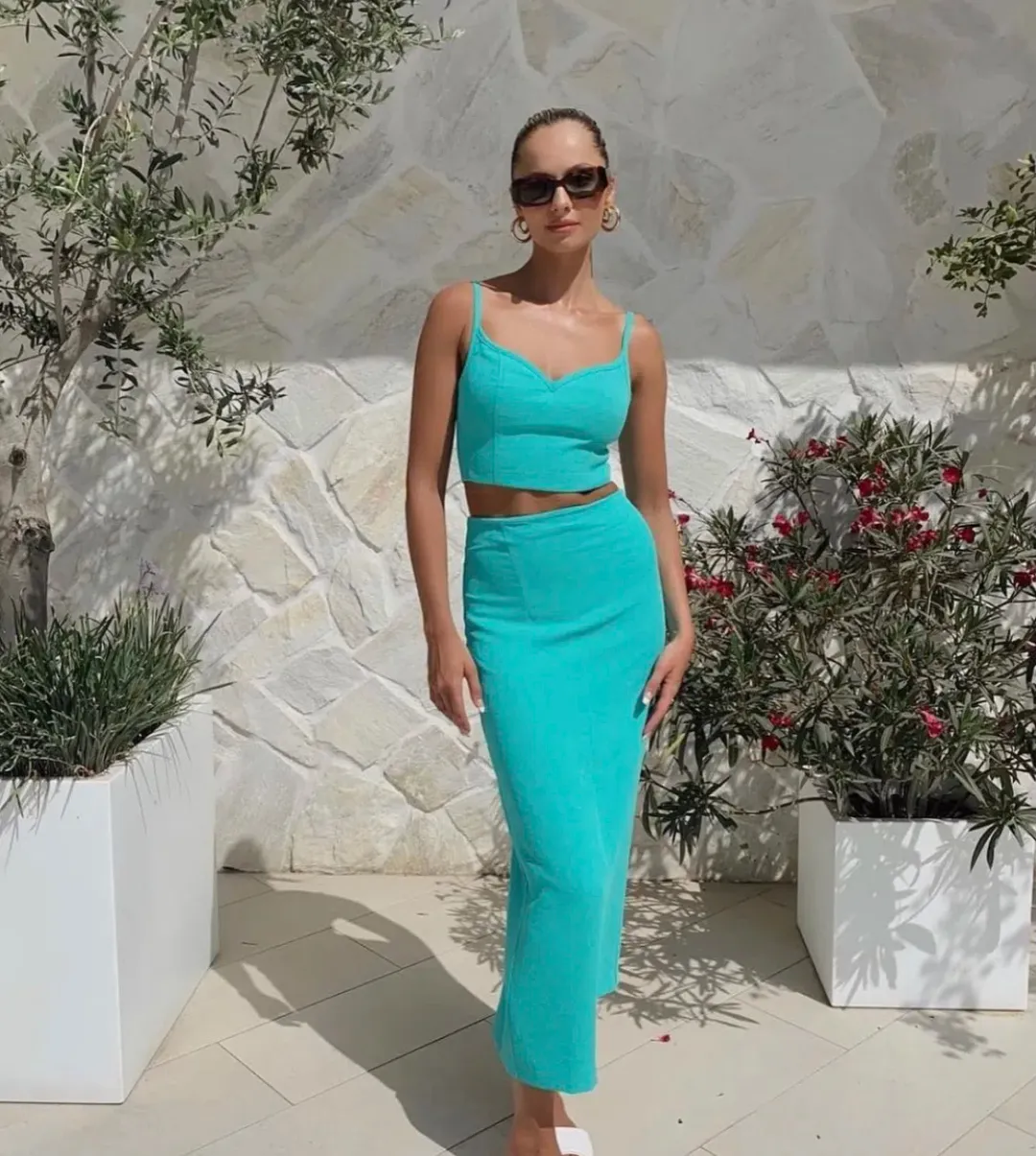 Kookai Oyster Column Skirt and Oyster Panel Top Aqua Green Size 8 for rent on The Volte - main image