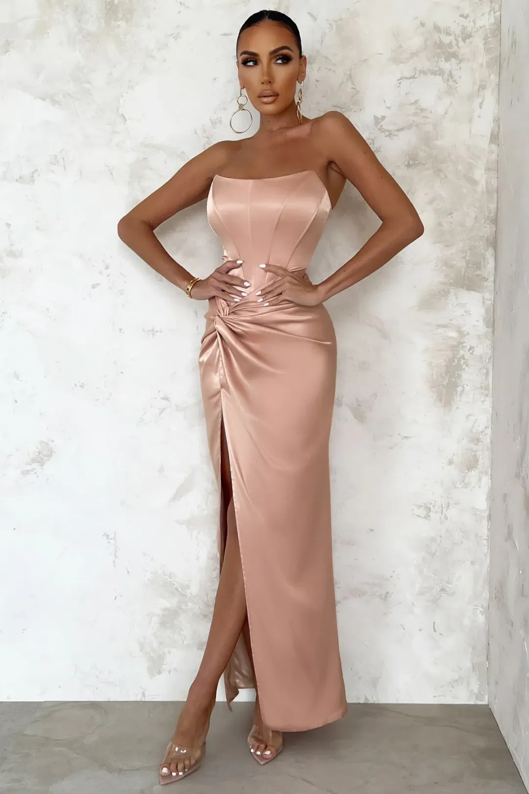 Club L London Romancing Nude Thigh Split Maxi Dress Blush Size 8 for rent on The Volte - main image