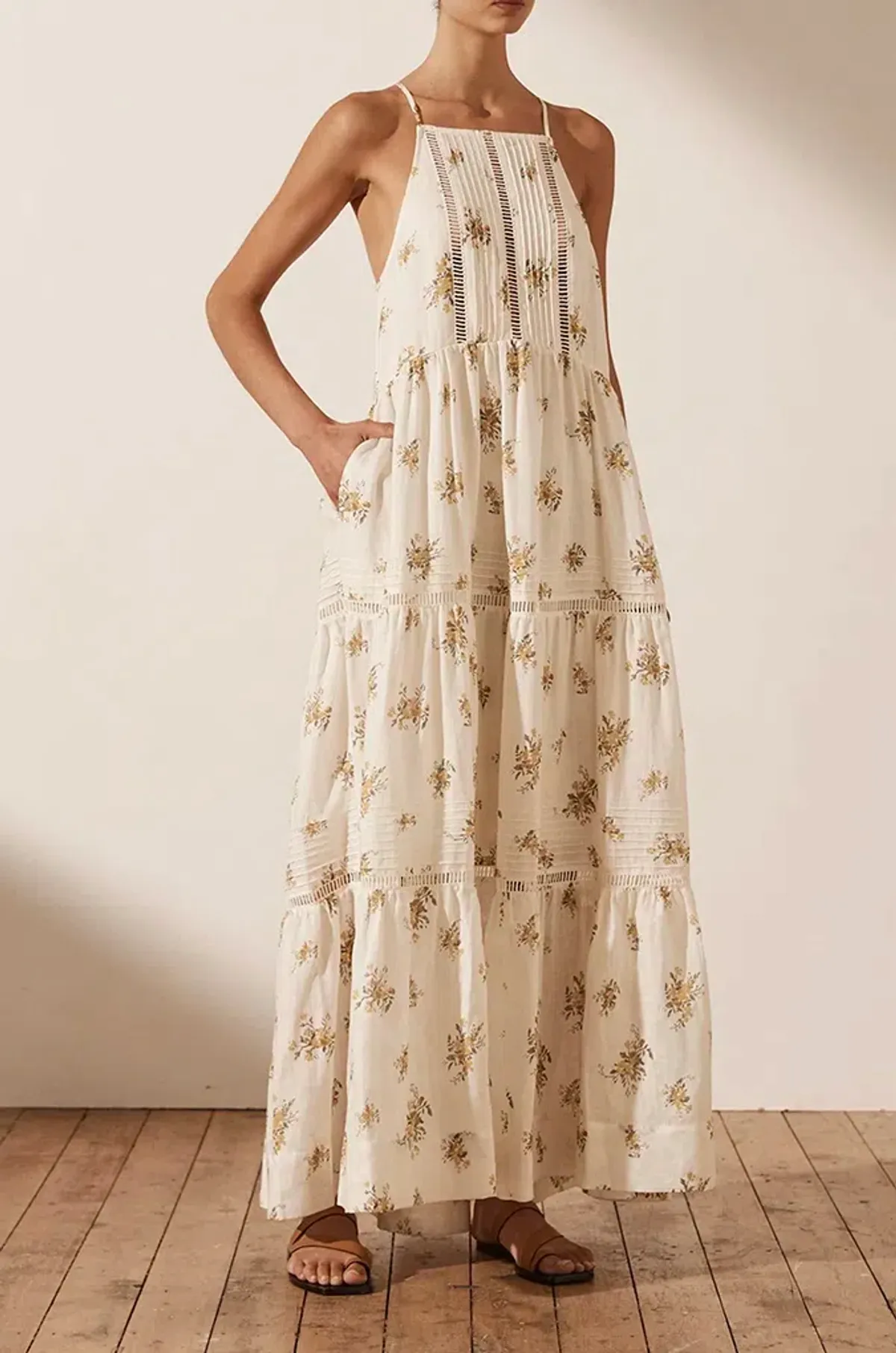 Shona Joy Lila Linen Pin Tuck Sleeveless Maxi Dress Print Size 8 - Image 2