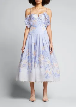Zimmermann Postcard Bow Bodice Midi Dress Blue Floral Size 1 / Au 10 for rent on The Volte - image 1