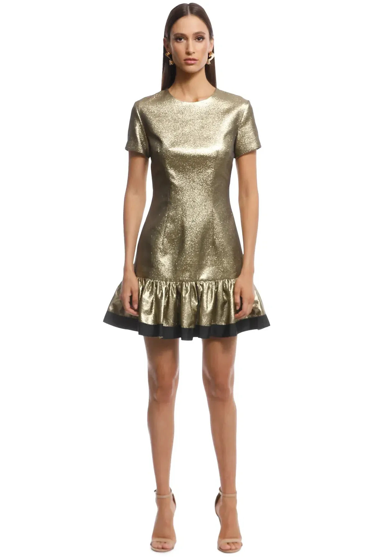 By Johnny Gold Yarn Frill Tee Mini Dress Gold Size 8 - Image 1
