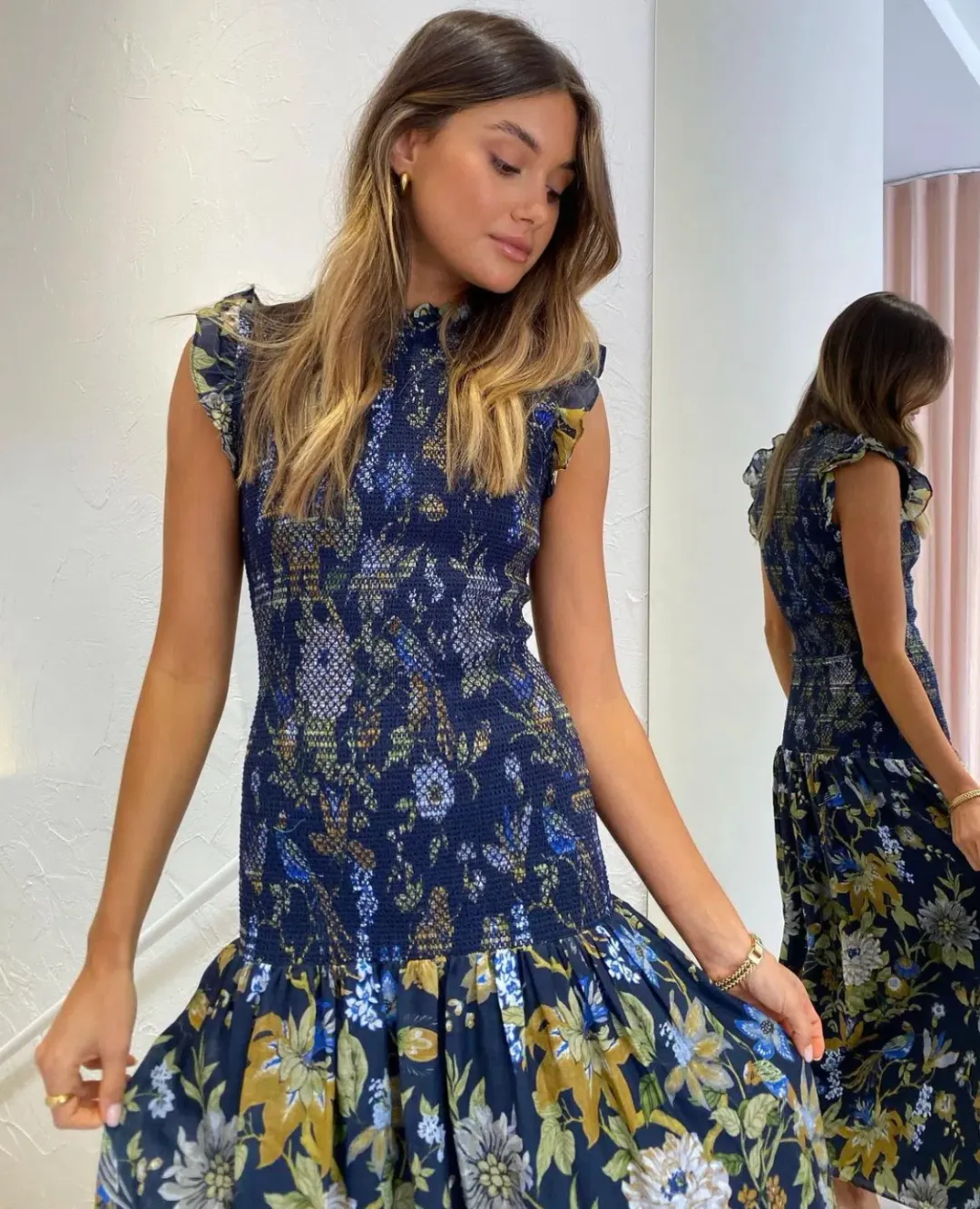 Sir the Label Diana Smocked Midi Dress Print Size 6 for rent on The Volte - main image