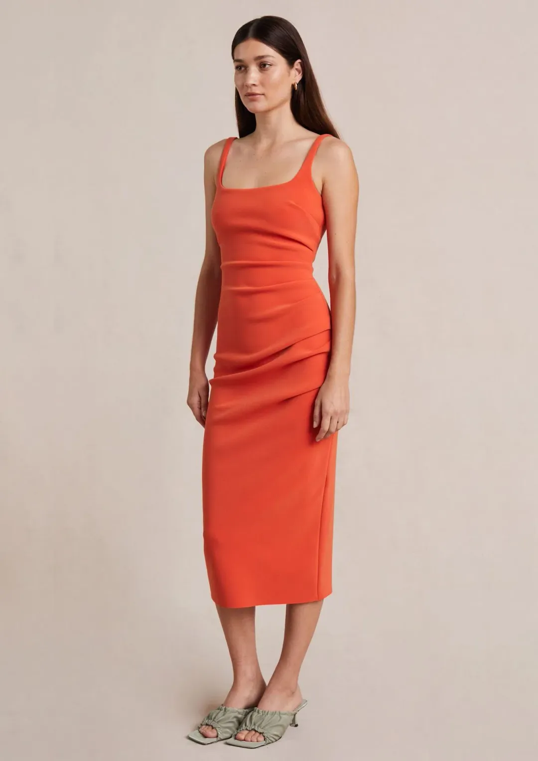 Bec & Bridge Elroy Tuck Midi Dress Flame Orange Size 14 for rent on The Volte - main image