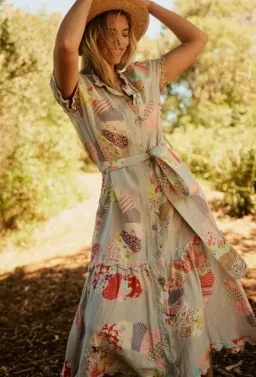 Binny Wheel of Fortune Linen Viscose Midi Dress Chambray Patchwork Print Size 16 for rent on The Volte - image 3