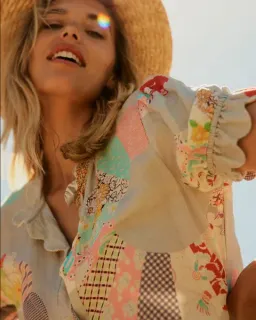 Binny Wheel of Fortune Linen Viscose Midi Dress Chambray Patchwork Print Size 16 for rent on The Volte - image 4