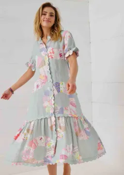 Binny Wheel of Fortune Linen Viscose Midi Dress Chambray Patchwork Print Size 16 for rent on The Volte - image 5