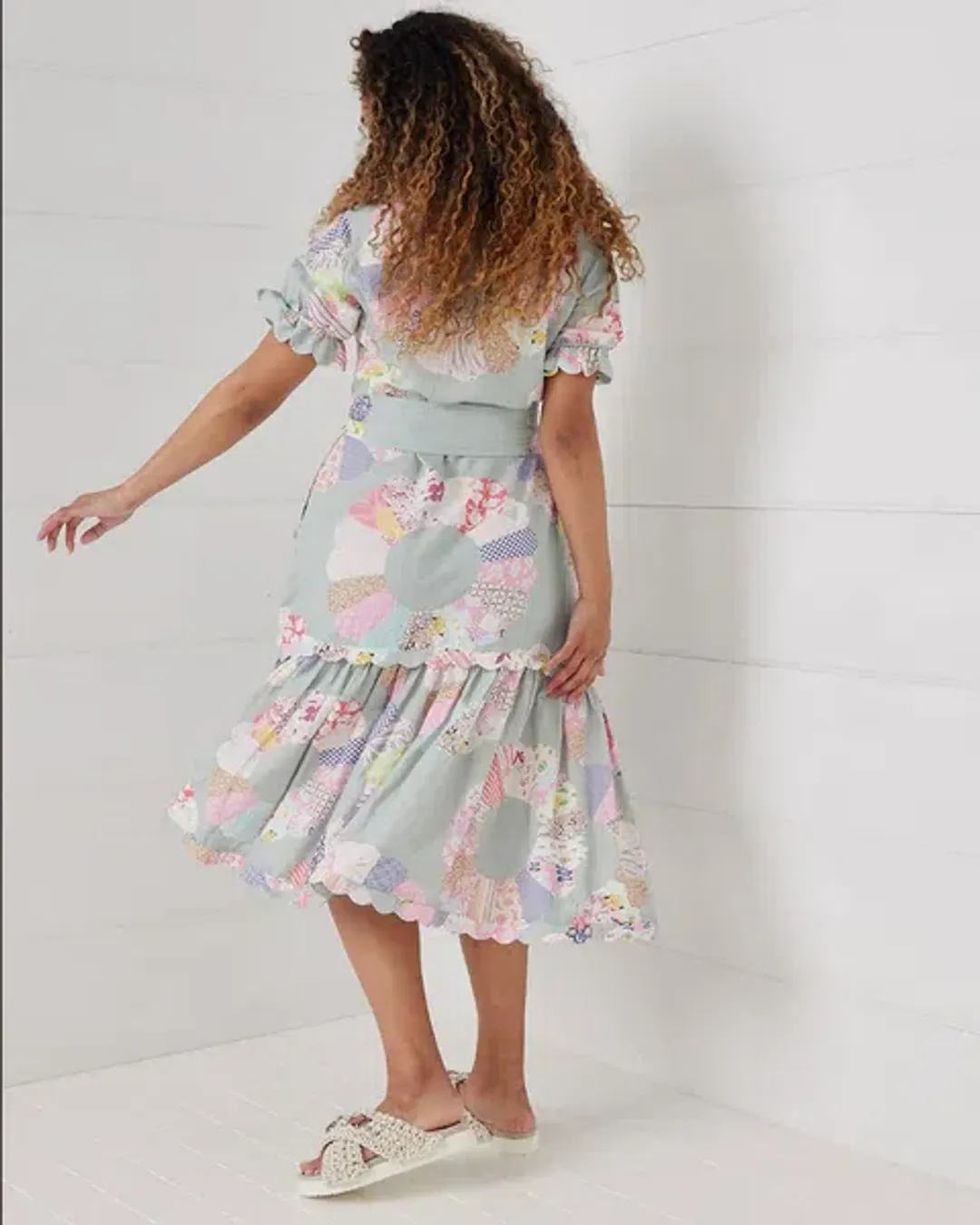 Binny Wheel of Fortune Linen Viscose Midi Dress Chambray Patchwork Print Size 16 for rent on The Volte - main image