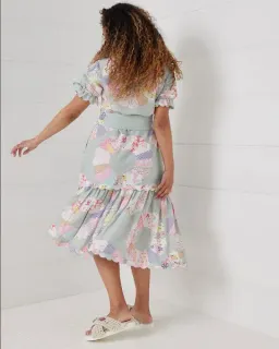 Binny Wheel of Fortune Linen Viscose Midi Dress Chambray Patchwork Print Size 16 for rent on The Volte - image 2