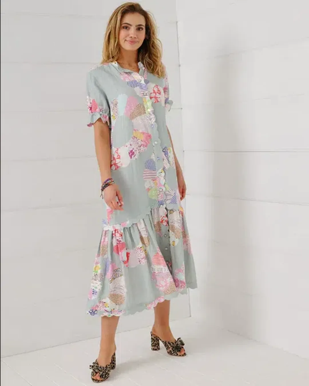 Binny Wheel of Fortune Linen Viscose Midi Dress Chambray Patchwork Print Size 16 for rent on The Volte - main image