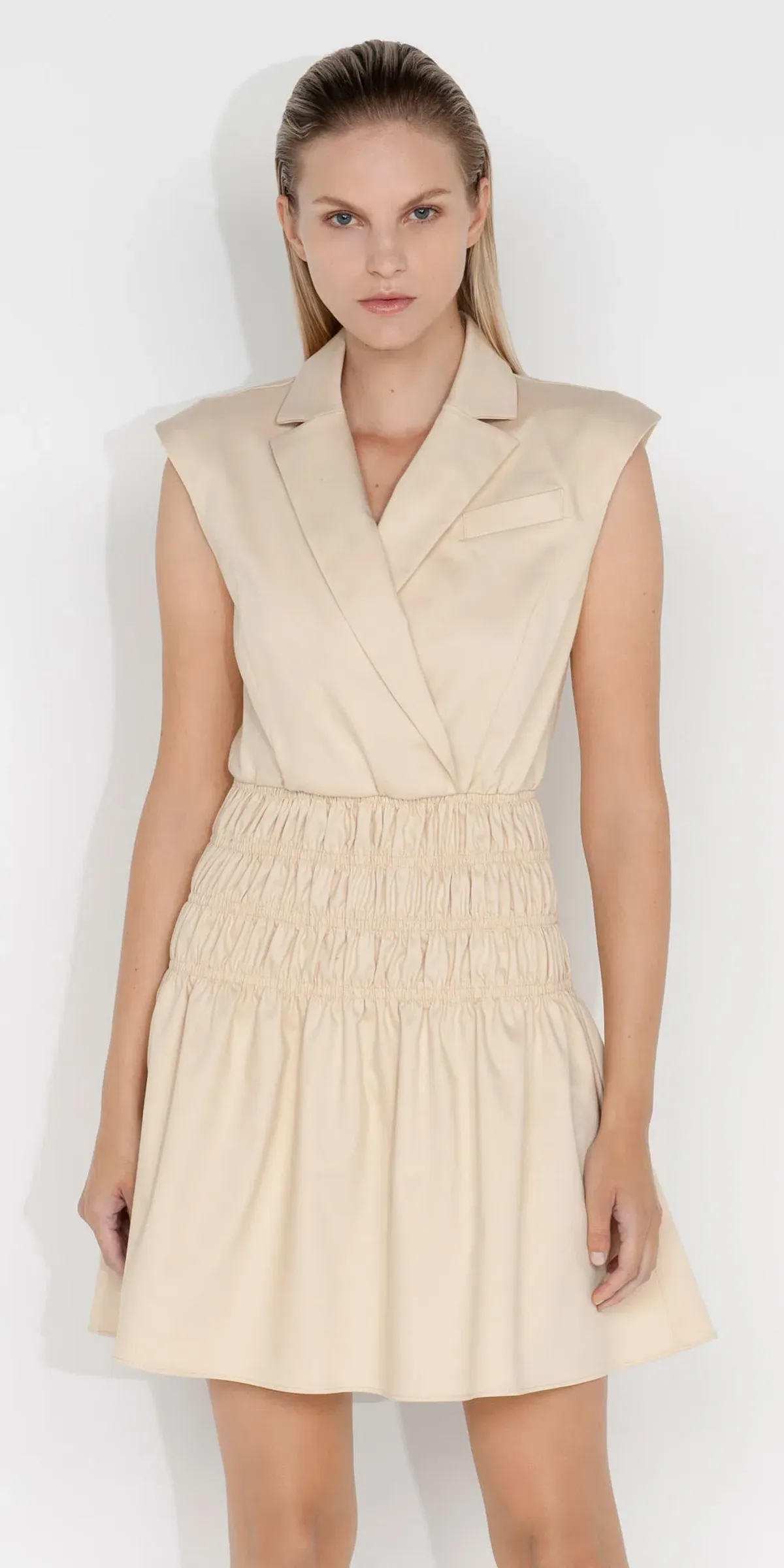 Cue Cotton Shirred Blazer Dress Beige Size 14 - Image 3