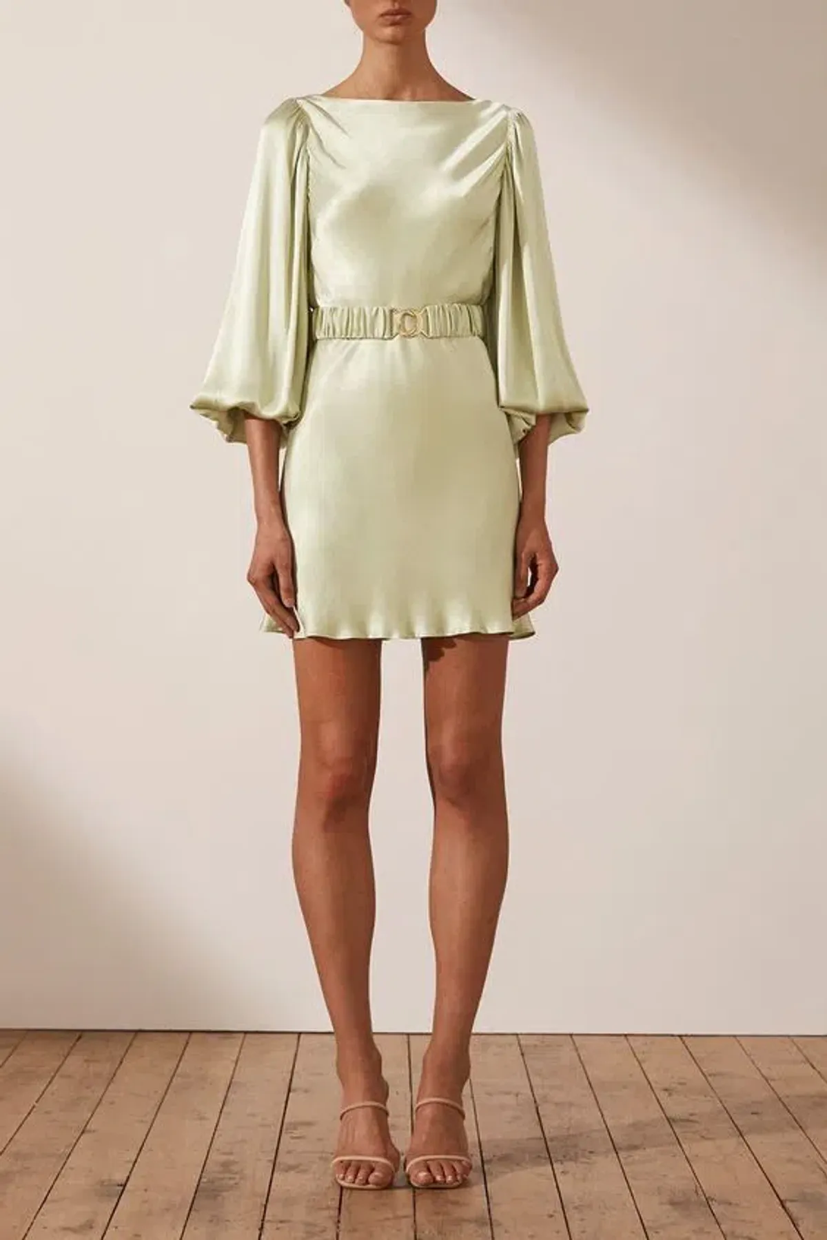 Shona Joy Giselle Balloon Sleeve Mini Dress with Belt Green Size 10 for rent on The Volte - main image