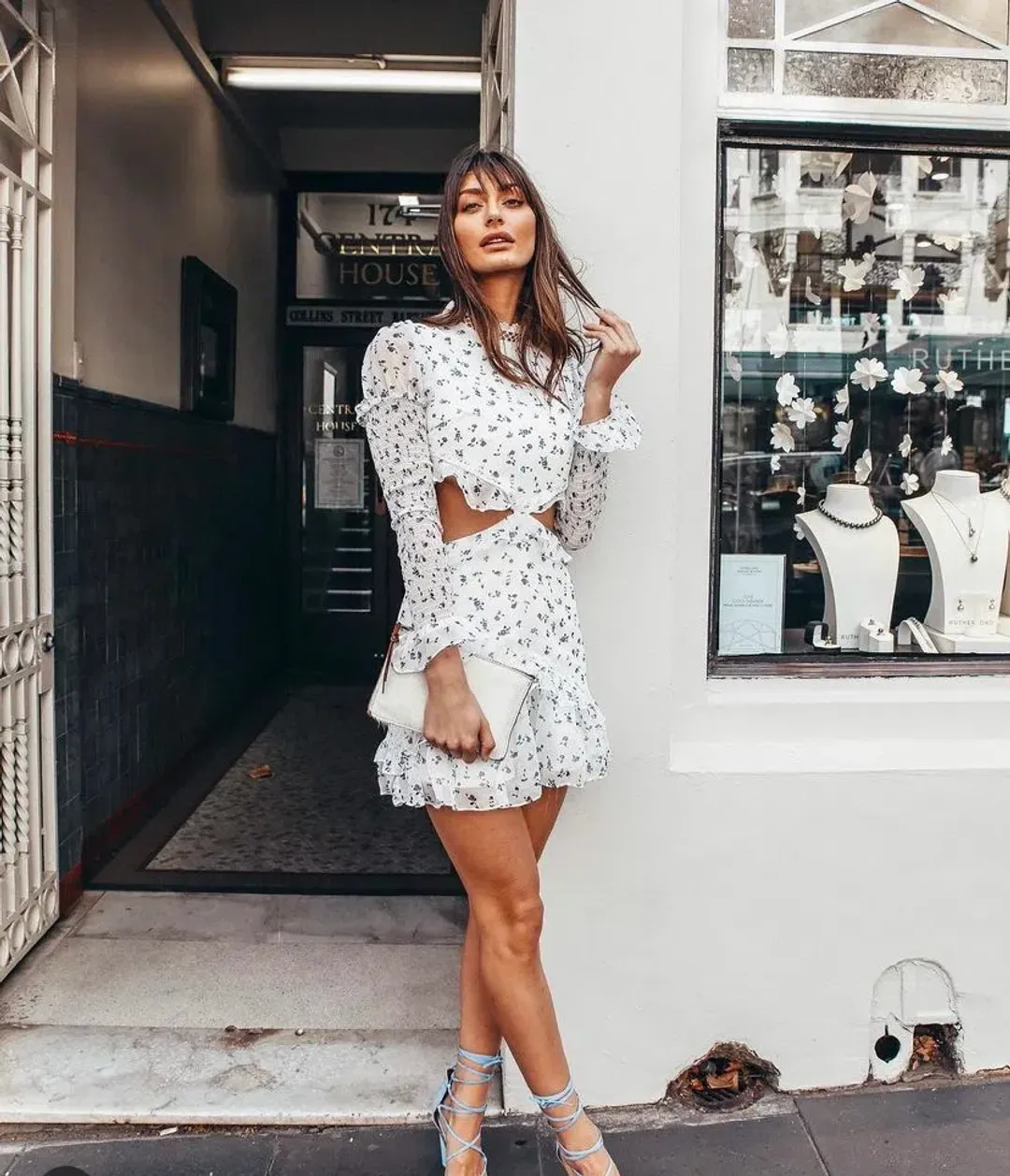 By Nicola Floral Gathered Cut Out Dress Print Size 8 for rent on The Volte - main image