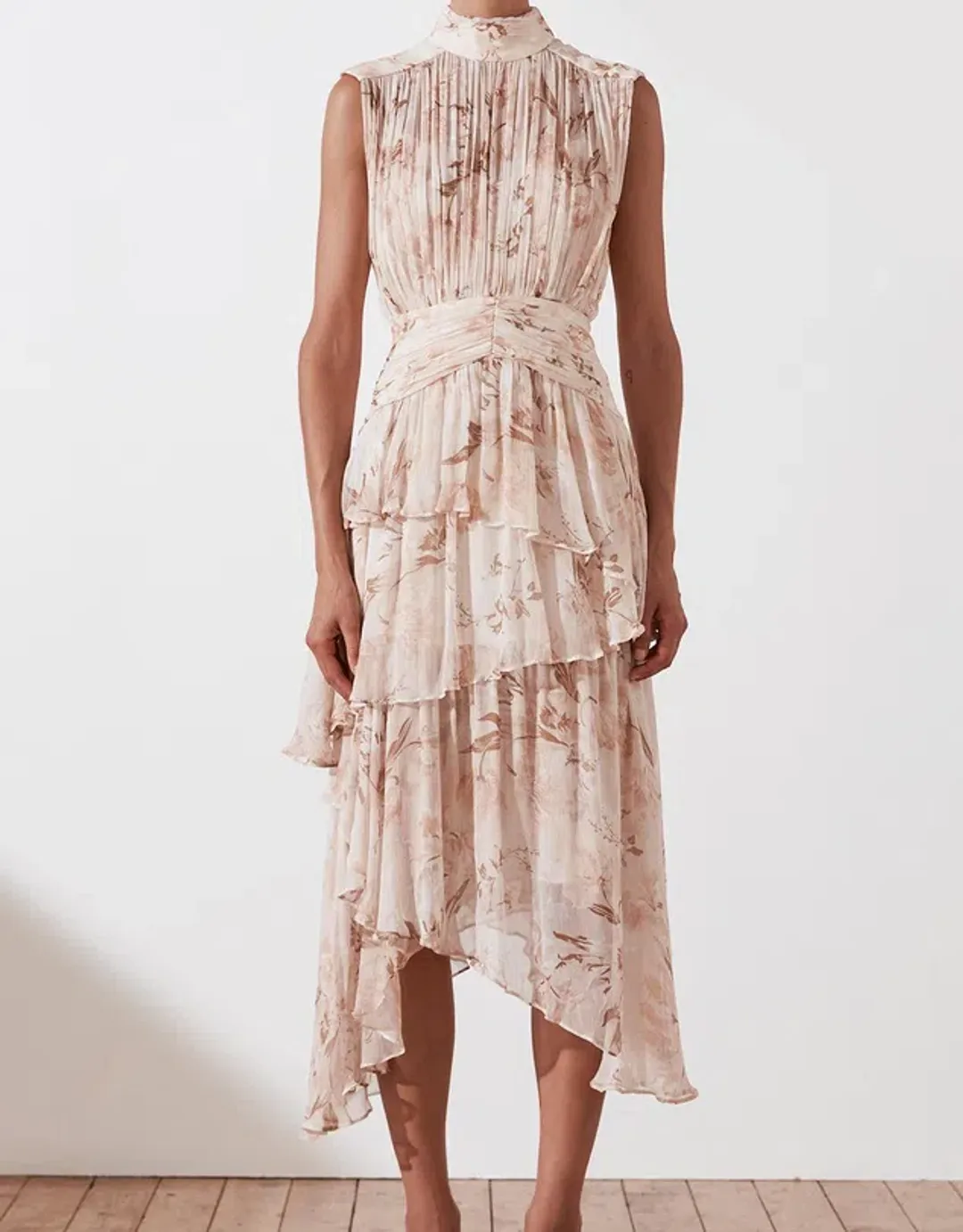 Shona Joy Nina Sleeveless Ruched Midi Dress Print Size 8 for rent on The Volte - main image