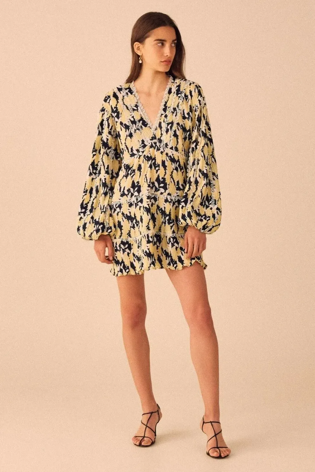C/MEO Collective Enlight Long Sleeve Mini Smock Dress Marigold Floral Size 10 for rent on The Volte - main image