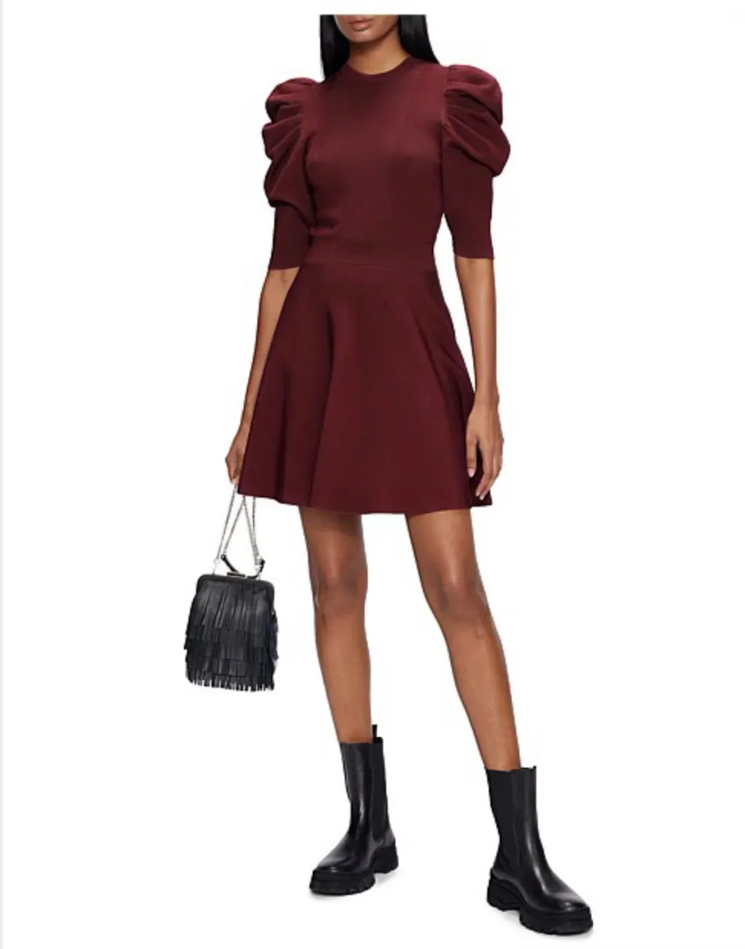 Ted Baker Lorna Puff Sleeve Knitted Skater Dress Burgundy Size 2 for rent on The Volte - main image