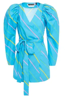 Rotate by Birger Christen Bridget Striped Cotton Poplin Mini Wrap Dress Blue Size 36 for rent on The Volte - image 3