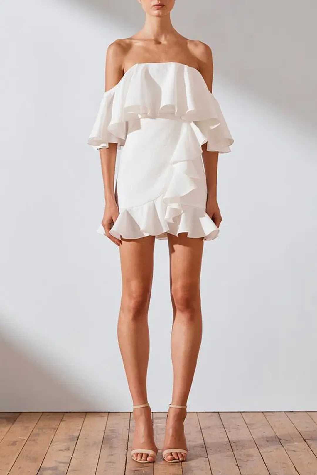 Shona Joy Savannah OTS Ruffle Mini Dress White Size 10 for rent on The Volte - main image