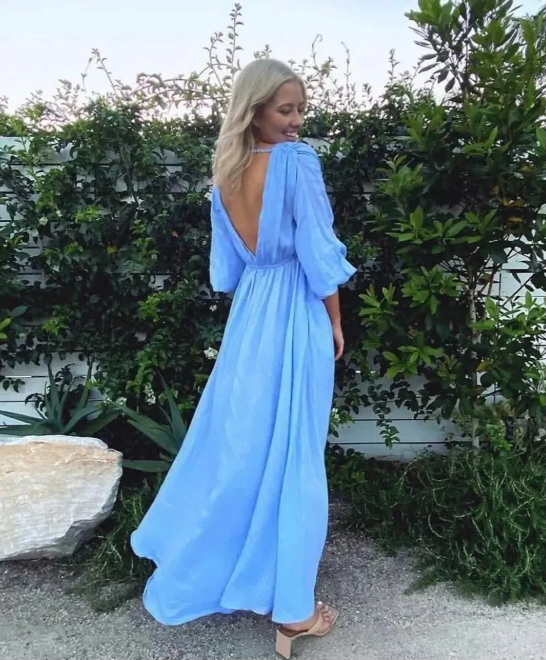 Scanlan Theodore Italian Linen Low Back Dress Blue Size 6 for rent on The Volte - main image