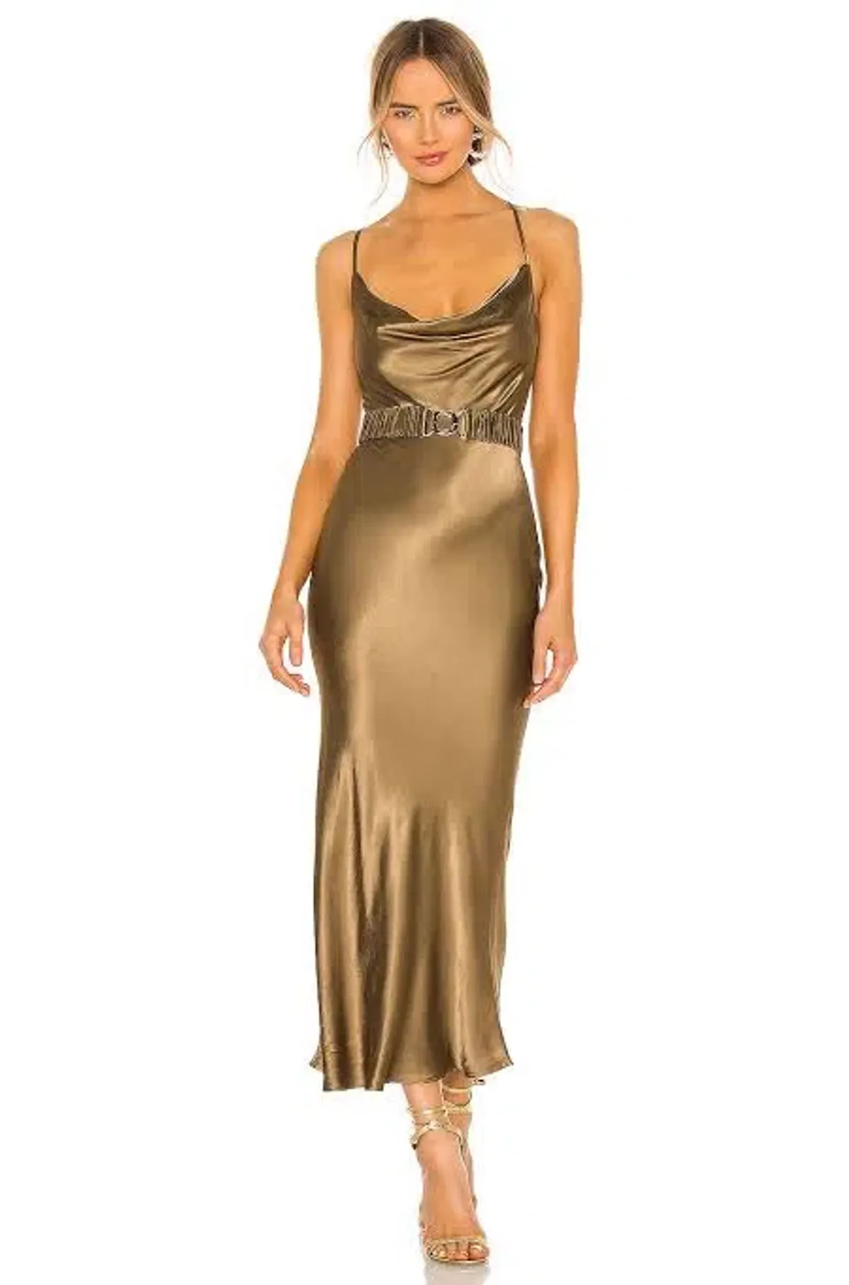 Shona Joy Gala Bias Midi Dress with Belt Warm Olive Green Size 8 - Image 3