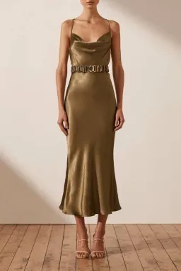 Shona Joy Gala Bias Midi Dress with Belt Warm Olive Green Size 8 for rent on The Volte - image 1