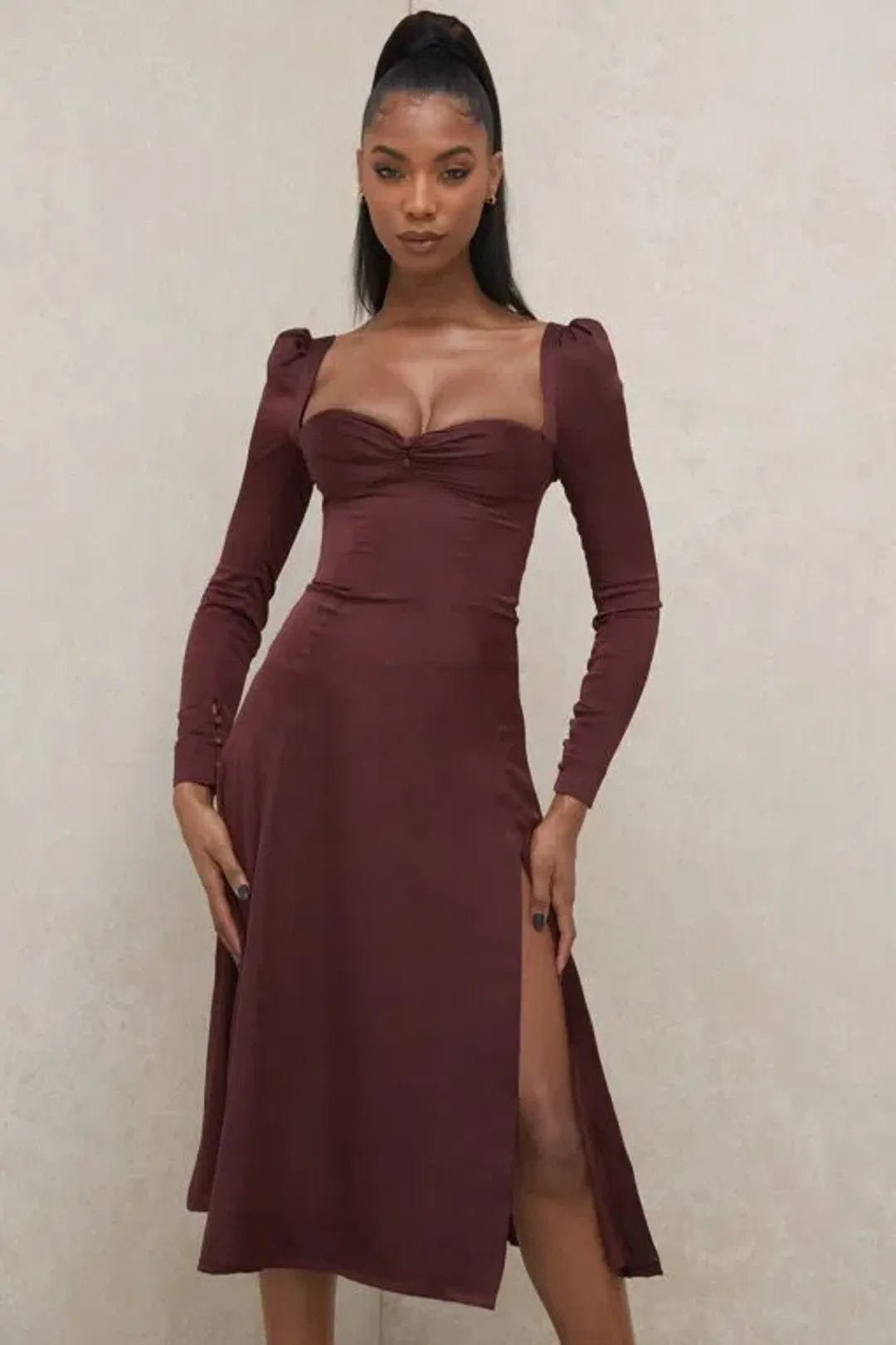 House of CB Arlinda Long Sleeve Midi Dress Brown Size 10 for rent on The Volte - main image