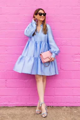 Stine Goya Jasmine Tiered Long Sleeve Shift Dress In Light Blue Size 12 for rent on The Volte - image 1