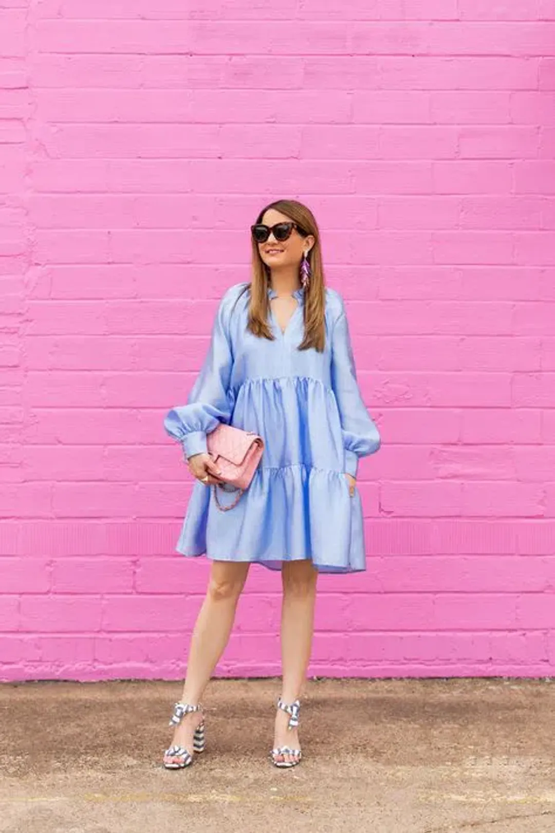 Stine Goya Jasmine Tiered Long Sleeve Shift Dress In Light Blue Size 12 for rent on The Volte - main image