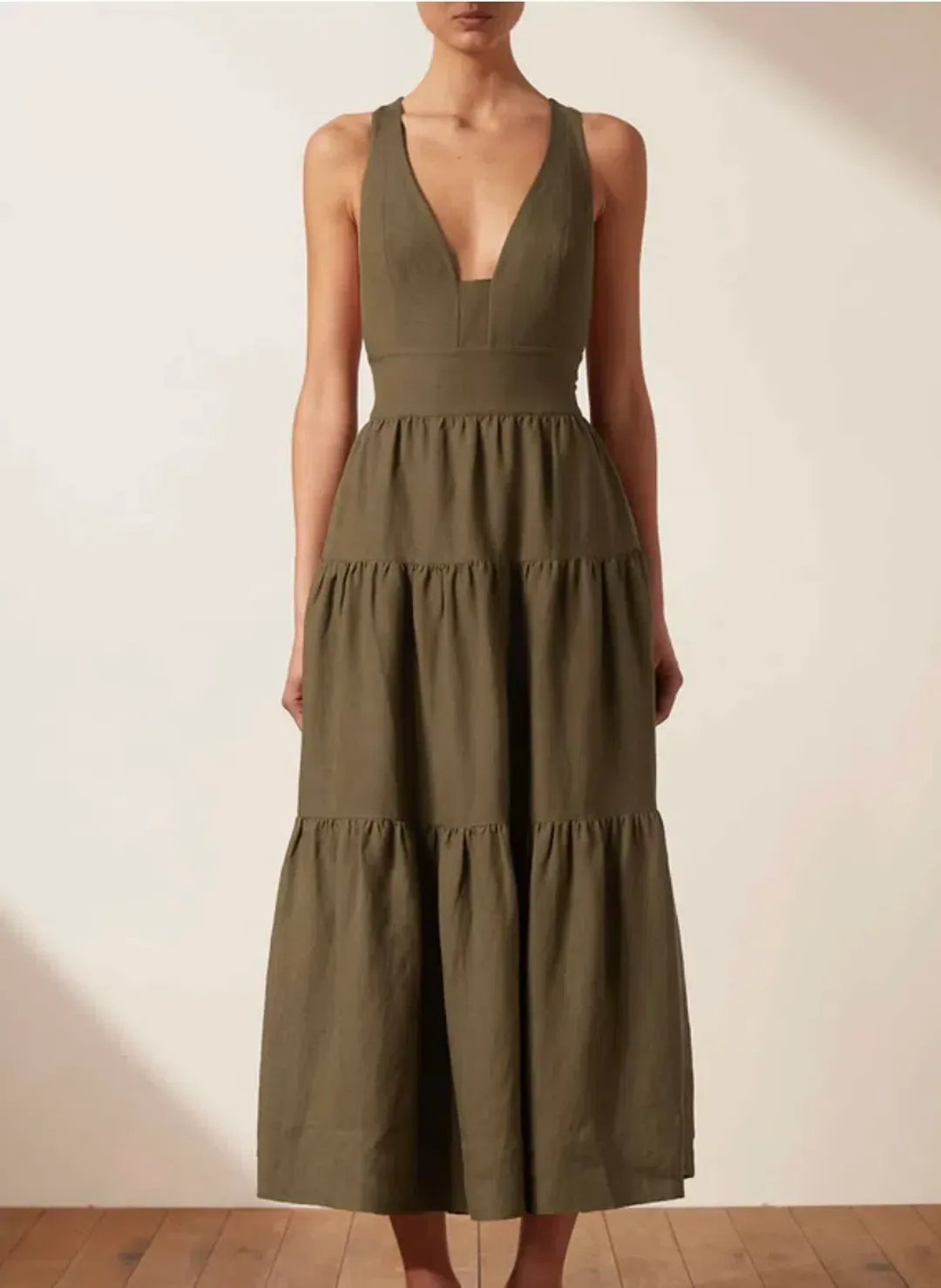 Shona Joy Juliana Linen Plunged Cross Back Midi Dress Green Size 8 for rent on The Volte - main image