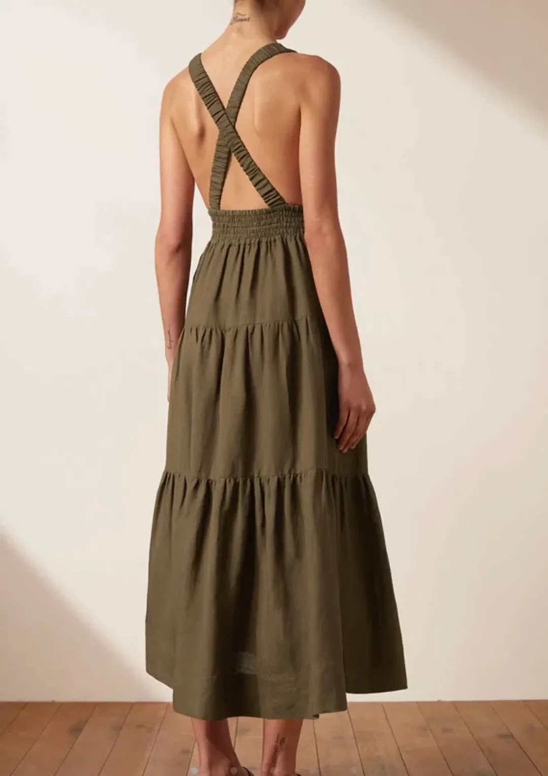 Shona Joy Juliana Linen Plunged Cross Back Midi Dress Green Size 8 for rent on The Volte - main image