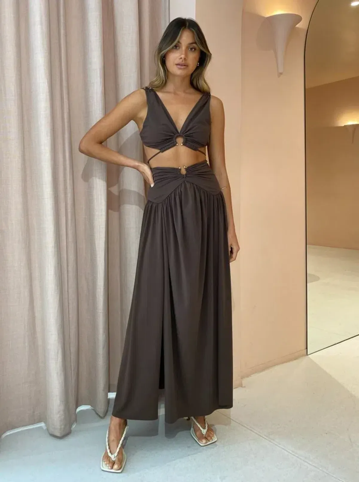 Bec & Bridge Joelene V Crop Top and Maxi Skirt Set Cognac Brown Size 8 - Image 1