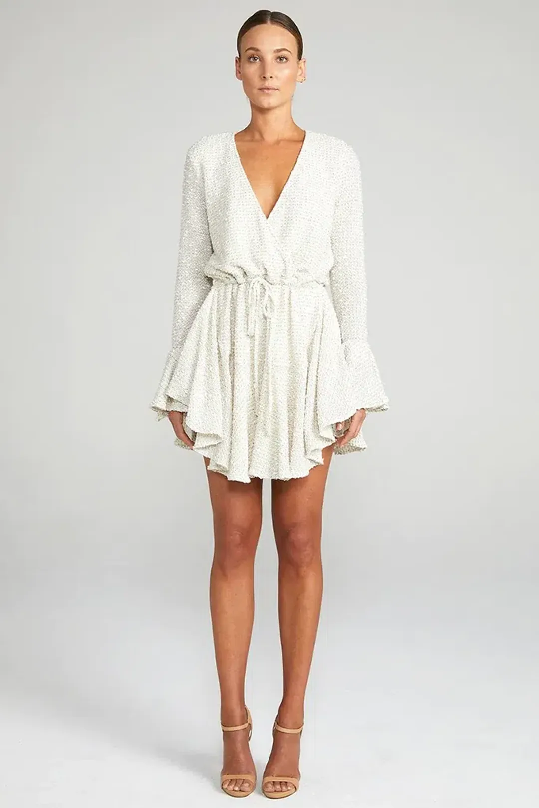 Shona Joy Aimee Frill Cuff Drawstring Mini Dress White Size 8 for rent on The Volte - main image