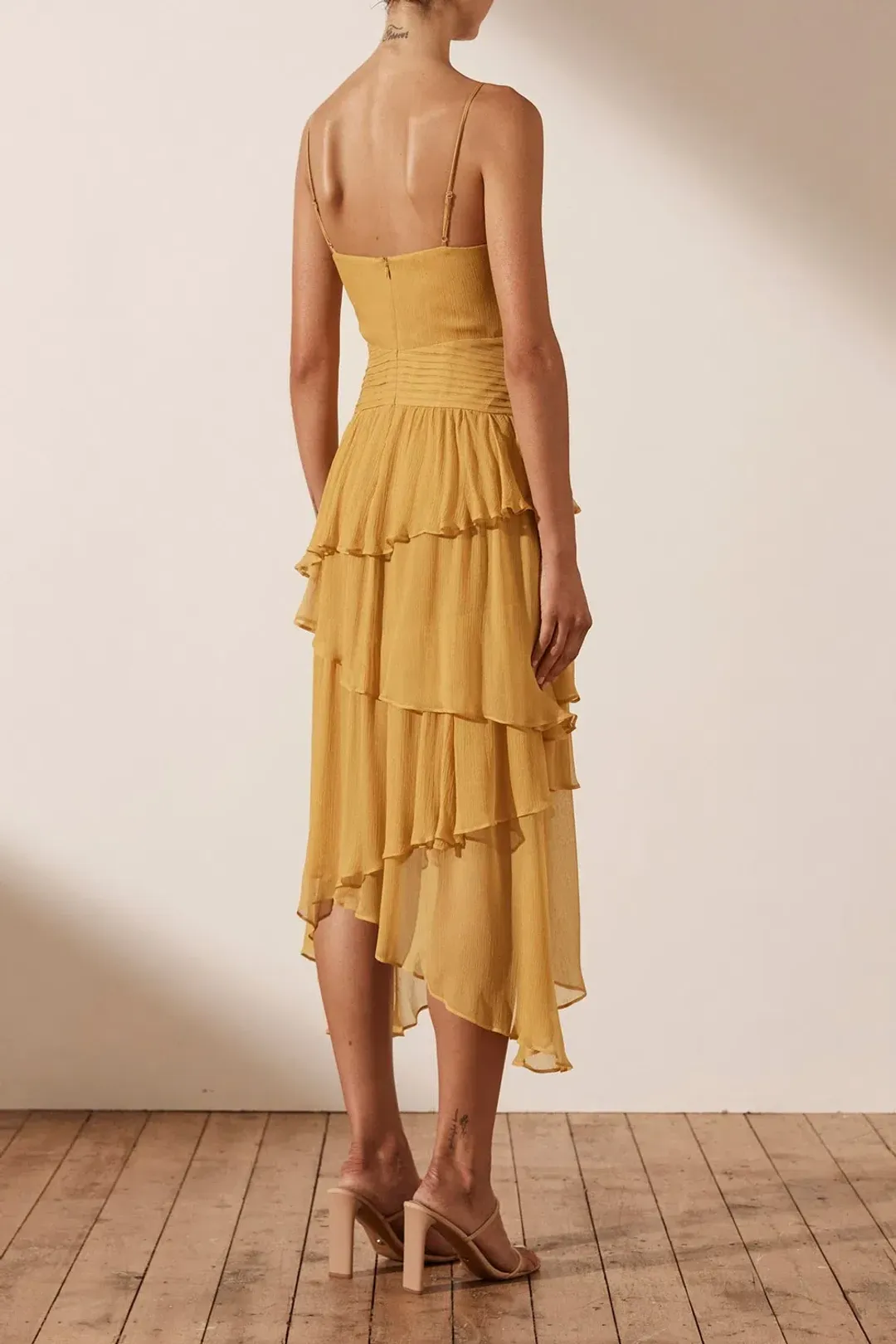 Shona Joy Iris Pin Tuck Frill Midi Dress Yellow Size 12 for rent on The Volte - main image