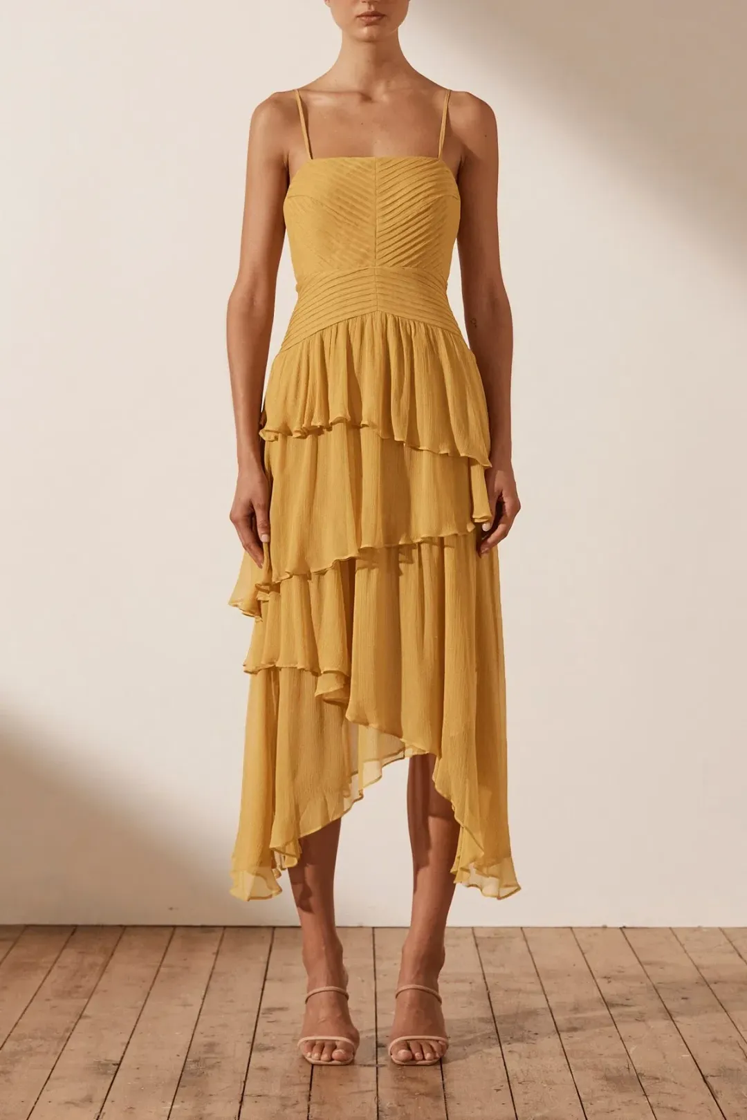 Shona Joy Iris Pin Tuck Frill Midi Dress Yellow Size 12 for rent on The Volte - main image