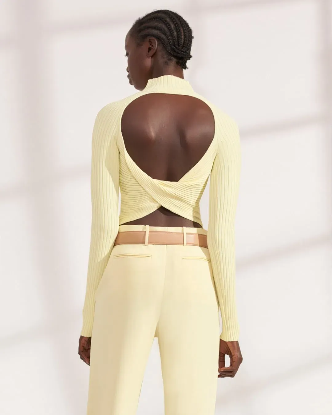 Dion Lee Twist Back Long Sleeve Knit Top Lemon Yellow Size 8 for rent on The Volte - main image