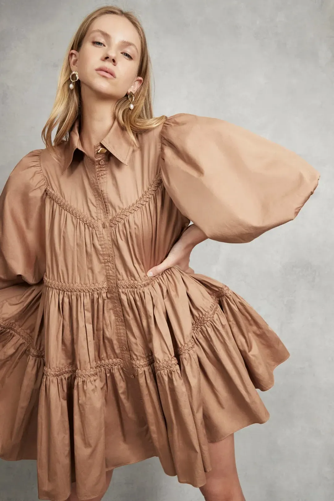 Aje Casabianca Puff Sleeve Shirt Smock Dress Walnut Brown Size 8 for rent on The Volte - main image