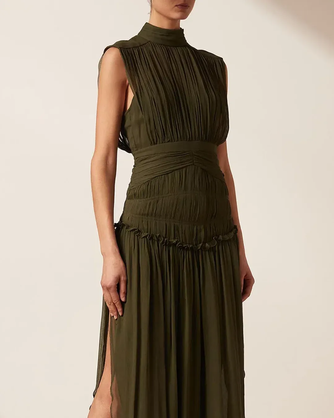 Shona Joy Safira Sleeveless Open Back Midi Dress in Olive Green Size 8 for rent on The Volte - main image