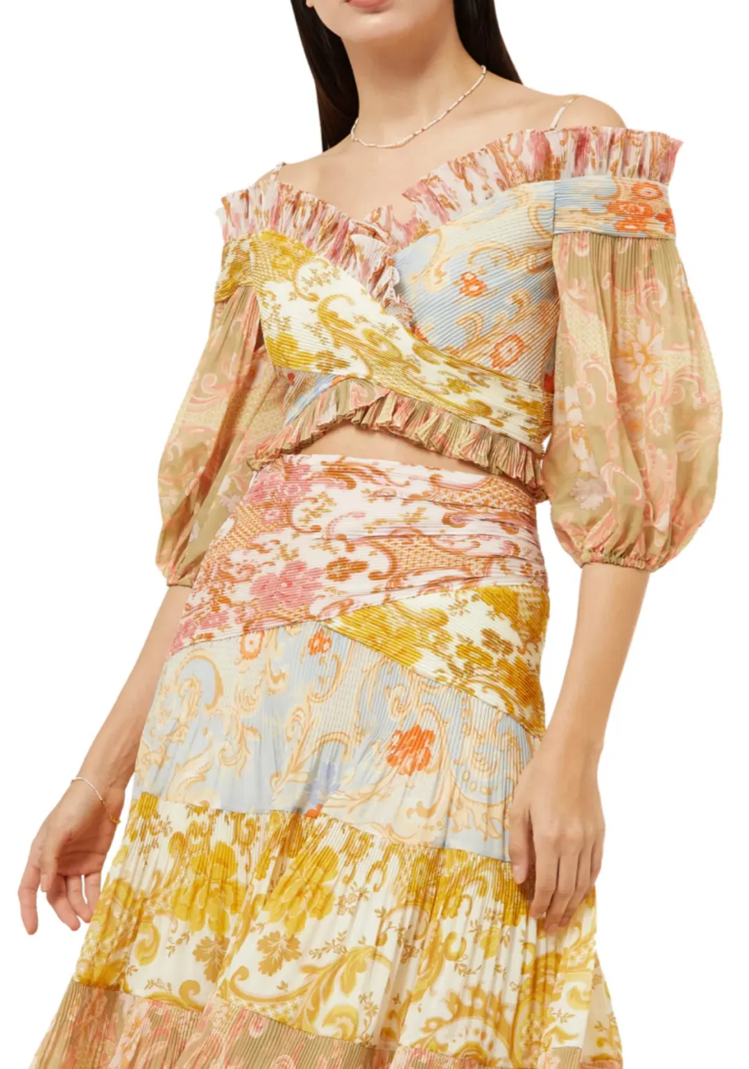 Zimmermann Postcard Pleated Fan Top size 2 Long Skirt Print Size 3 for rent on The Volte - main image
