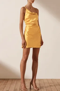 Shona Joy Alma Asymmetrical Bias Cowl Mini Dress Yellow Size 10 for rent on The Volte - image 1