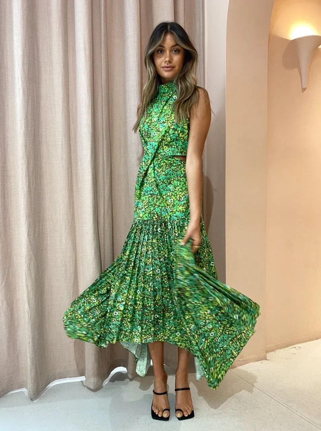 Alemais - Phyllis Twist Front Pleat Dress Green Print - Size 10 for rent on The Volte - main image