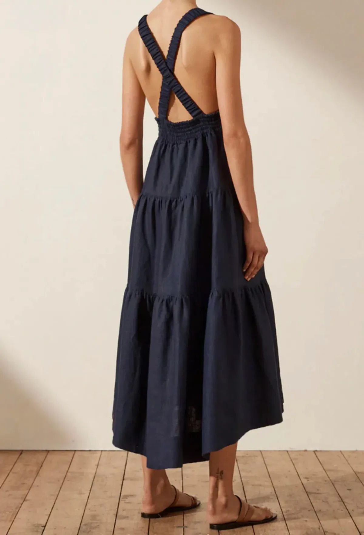 Shona Joy LIGIA LINEN PLUNGED CROSS BACK MIDI DRESS - NAVY - Image 4